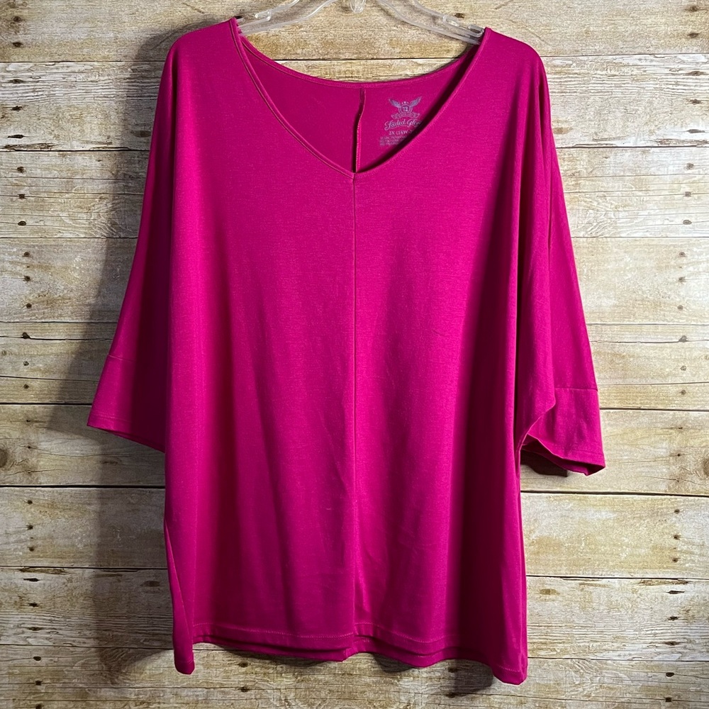 Faded Glory Women’s Hot Pink Dolman Sleeve V-Neck Knit Top EUC Size 2X 18W-20W